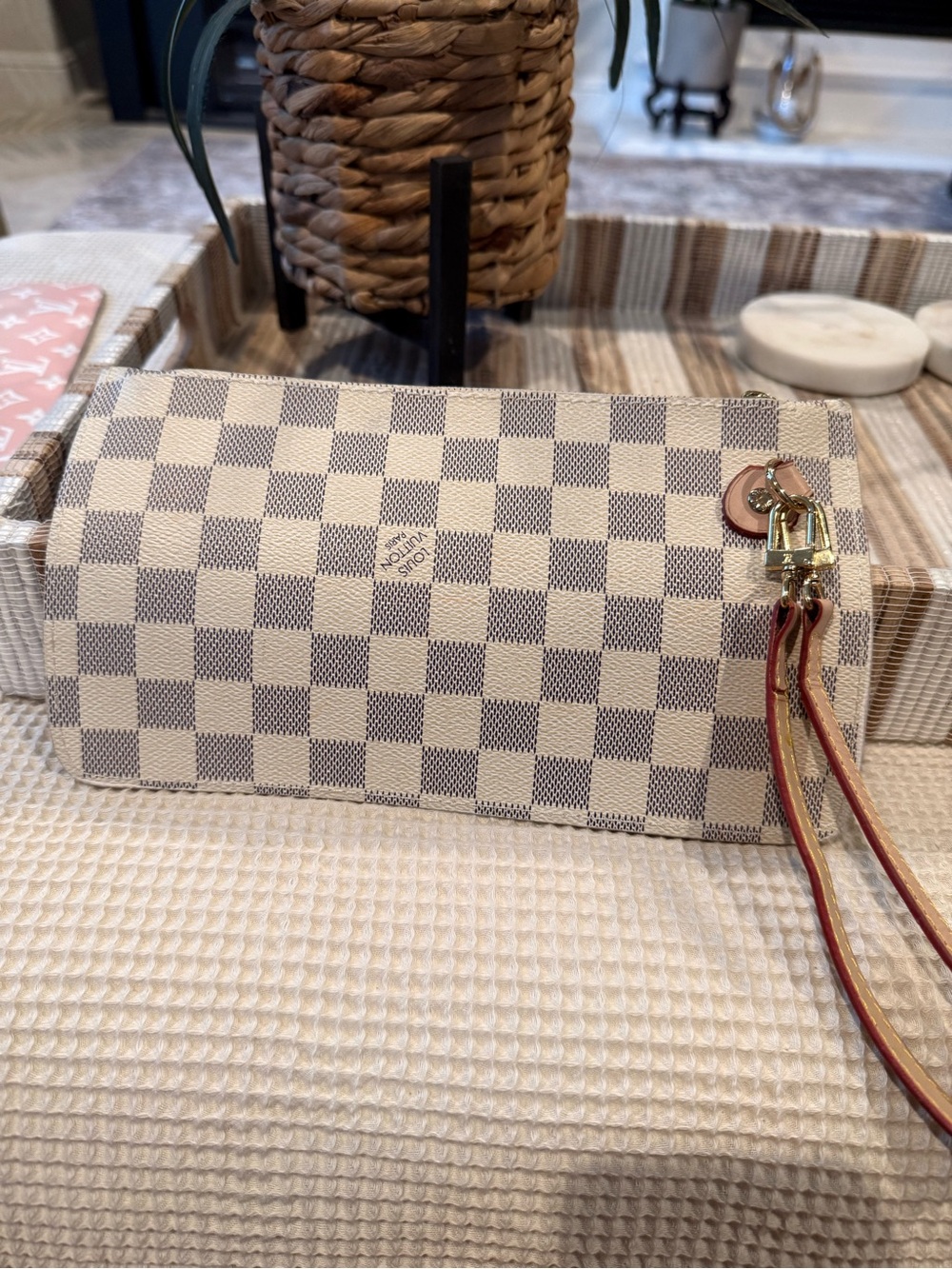 Checkered Wristlet Clutch in Cream and Gray with Gold-Tone Accent